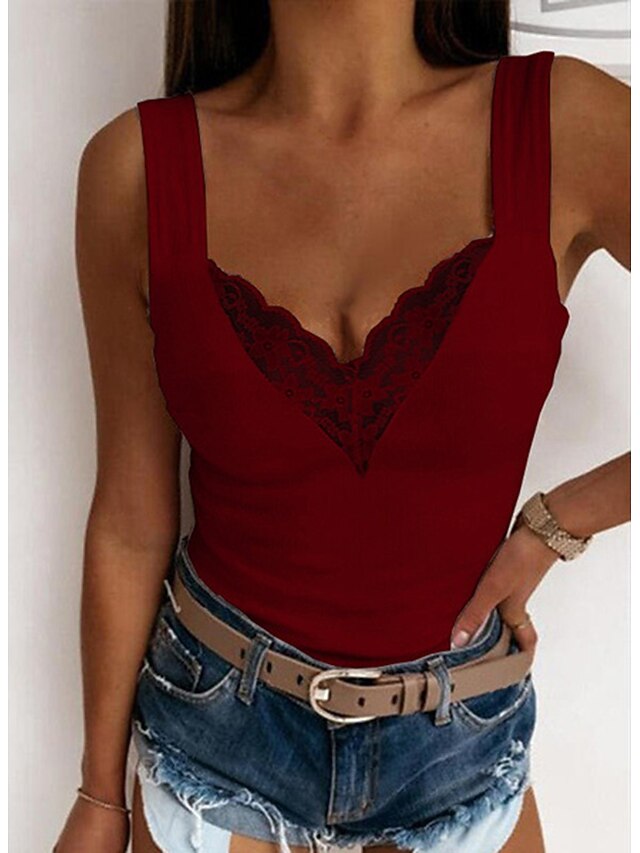 Women's Camisole Tank Top Going Out Tops Camis Concert Tops Black White Blue Plain Patchwork Lace Trims Sleeveless Party Daily Basic Sexy Sweetheart Regular S - Wine