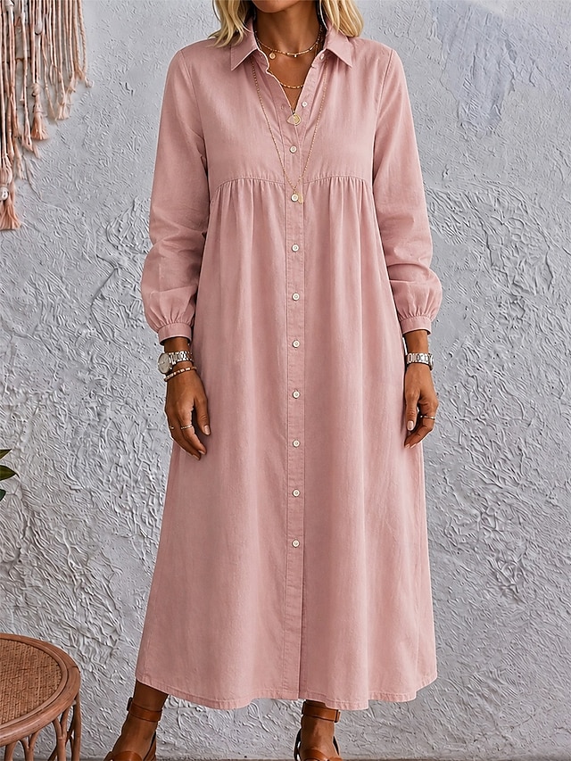Women's Maxi Dress Shirt Dress Elegant Vacation Designer Solid Color Long Sleeve Shirt Collar Pink Red Green Light Blue Summer Spring Fall - Pink