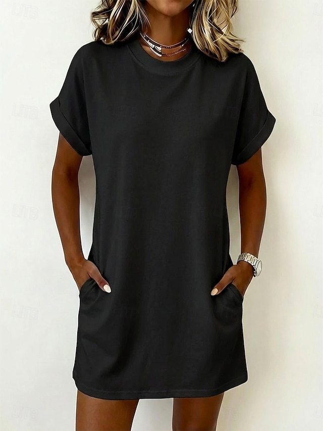 Women's Mini Dress T Shirt Dress Tee Dress Basic Classic Daily Weekend Loose Fit Plain Short Sleeve Crew Neck White Black Pink Army Green Summer Spring - Black