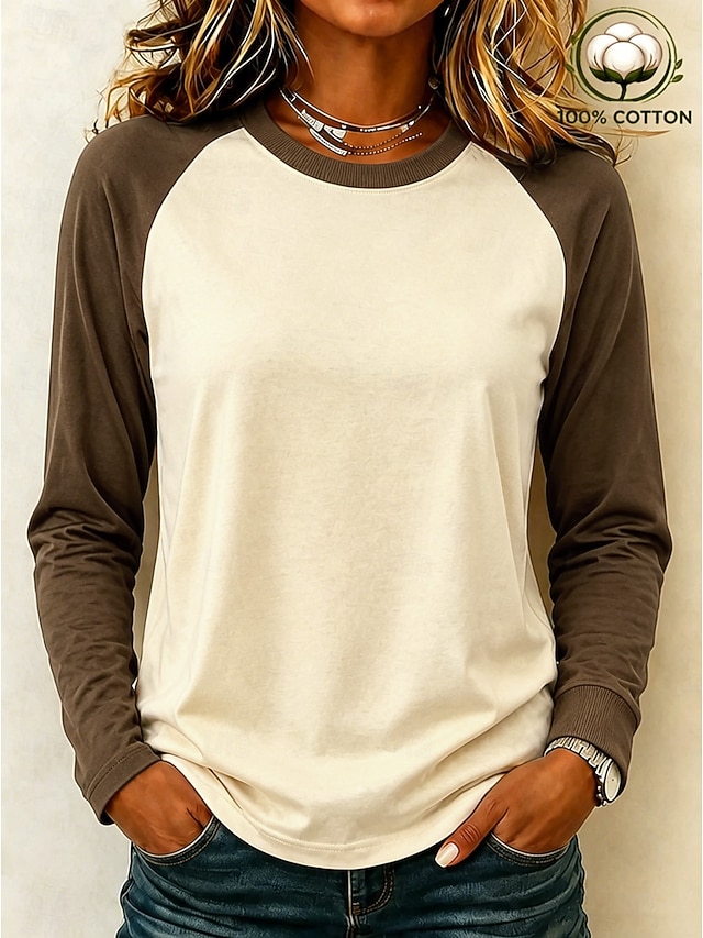 Women's Shirt 100% Cotton Stylish Casual Beach Long Sleeve Crew Neck Long Tops Casual Black Brown Green Spring Fall Winter - Brown