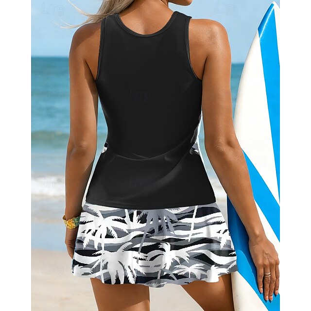 Women's Floral Print Swimsuit Tankini 2 Pieces Printed Elastic Sleeveless Swimwear Surfing Snorkeling Swimming Summer - Black / Gray