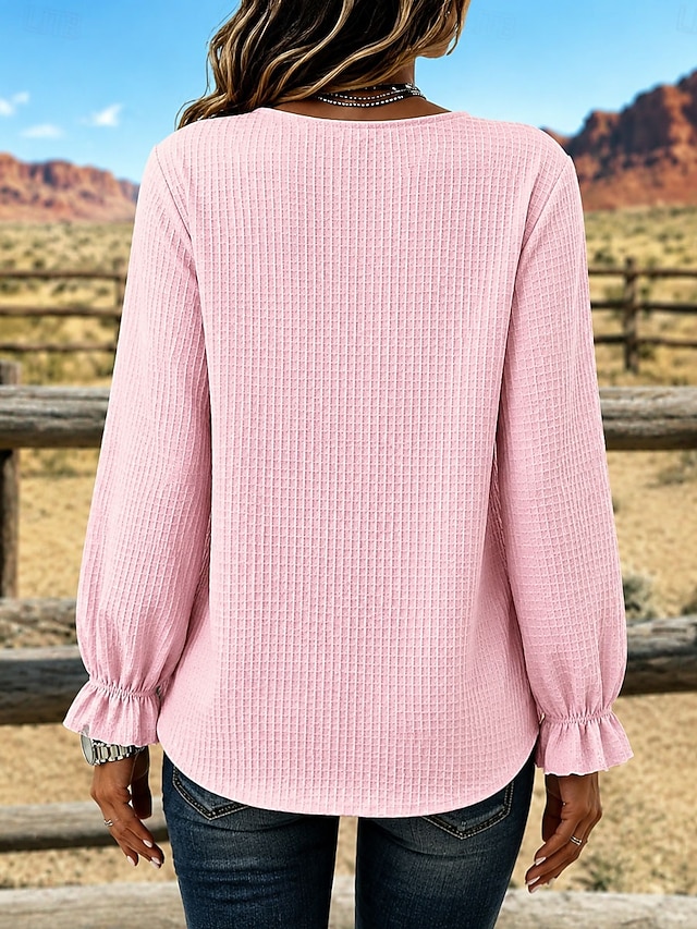 Women's Waffle Blouse Solid Color Vintage Stylish Basic Long Sleeve V Neck Regular Tops Casual Daily Blue Yellow Pink Apricot Summer Spring Fall - Pink