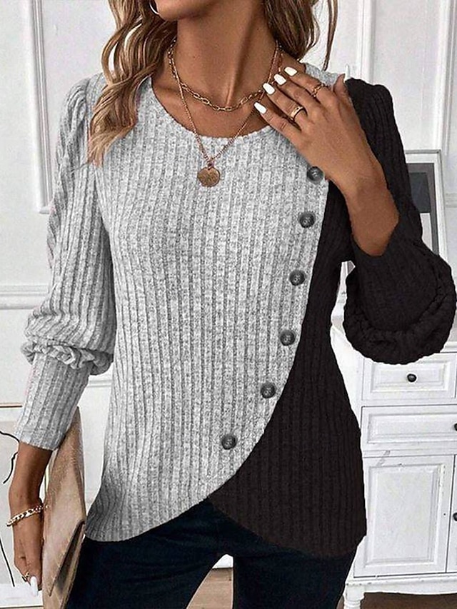 Women's Blouse Knit Shirts Patchwork Buttons Geometric Color Block Tropical Stylish Casual Long Sleeve Crew Neck Regular Tops Daily Pink Sky Blue Gray Spring Fall Winter - Gray