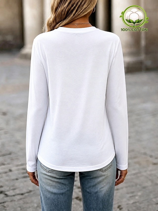 Women's 100% Cotton T-Shirts - Quality Heavy Long Sleeve Crew Neck Tee - White