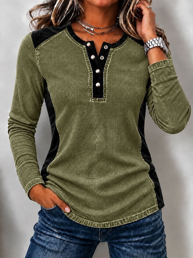 Women's Denim Shirt Blouse Henley Top Patchwork Plain Vintage Fashion Stylish Long Sleeve Lapel Regular Tops Casual Beach Blue Red Green Spring Fall Winter - Green