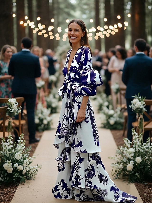 A-Line Floor Length Wedding Guest Dress Formal Dresses Evening Gown Mother of the Bride Dress Long Sleeve V Neck Party Wedding Guest with Print - Blue