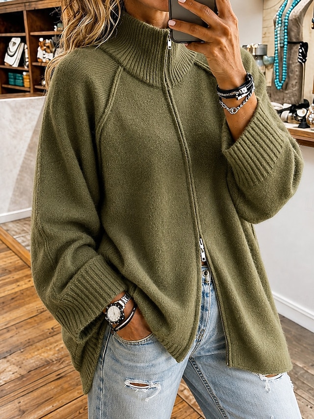 Women's Cardigan Sweater Cardigan Fashion Cool Daily Stand Collar Knitted Long Sleeve Long Tops Knit White Yellow Spring Fall - Army Green