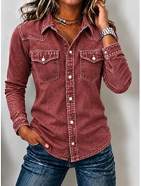 Women's Denim Shirt Henley Shirt Plain Vintage Fashion Stylish Long Sleeve Turndown Regular Tops Casual Beach Red Brown Spring Fall Winter - Red