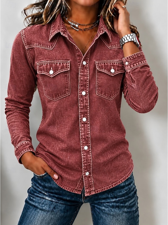 Women's Denim Blouse Denim Shirt Suede Jackets Patchwork Plain Vintage Fashion Stylish Long Sleeve Lapel Regular Tops Casual Beach Blue Spring Fall Winter - Blue