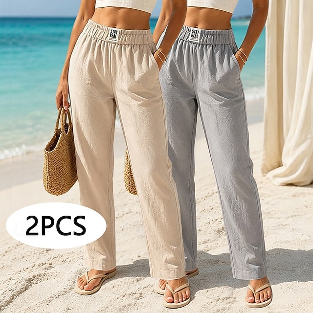 Multi Packs 2pcs Women's Cotton Linen Pants Trousers Casual Pants Summer Pants Vacation Fashion Streetwear Full Length High Waist Plain Pocket Elastic Waist Comfort Breathability Comfortable - Khaki+Grey