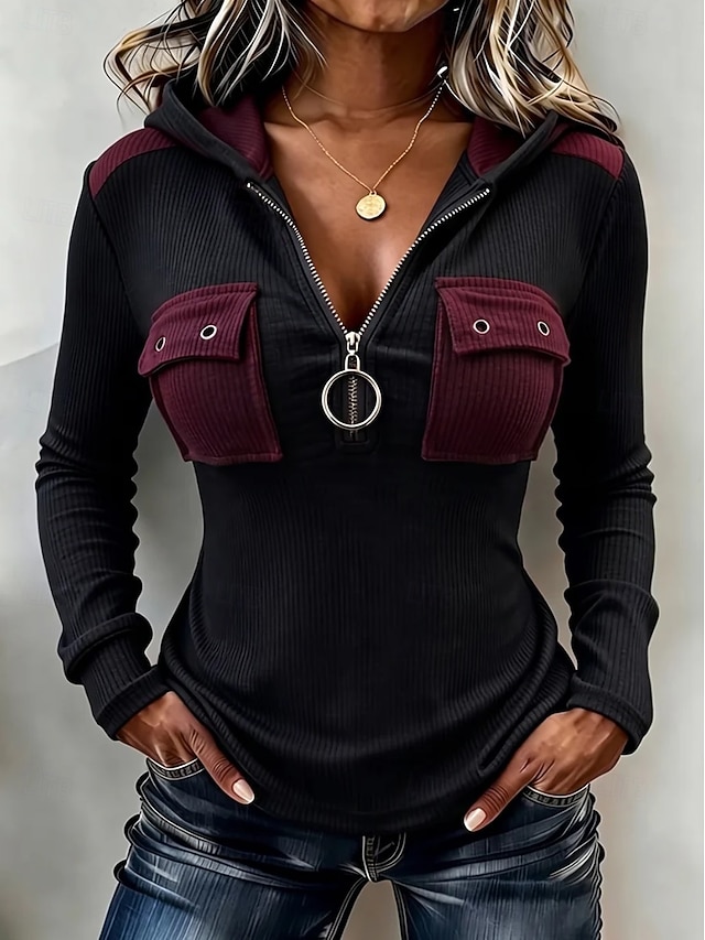 Women's Tunic Patchwork Pocket Vintage Stylish Long Sleeve V Neck Regular Tops Casual Daily Streetwear Black Spring Fall Winter - Black