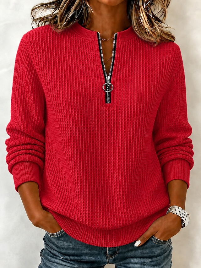 Women's Waffle Polo Shirts Solid Color Bohemia Active Vacation Long Sleeve Crew Neck High Neck Long Tops Casual Daily Holiday Blue Yellow Red Sky Blue Summer Spring Fall Winter - Red