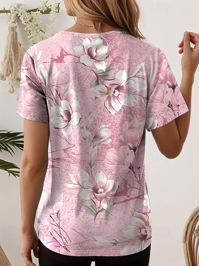 Women's T Shirt Print Floral Casual Short Sleeve Round Neck Regular Tops Daily White Yellow Pink Purple Green Summer - Pink