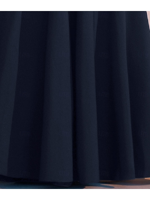 A-Line Mother of the Bride Dress Elegant Simple High Neck Floor Length Stretch Fabric Long Sleeve with Pleats Appliques free custom size - Dark Navy