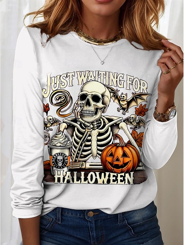 Halloween Women's T shirt Pumpkin Graphic Skull Vintage Fashion Stylish Long Sleeve Crew Neck Round Neck Regular Tops Daily Weekend Print Black White Pink Blue Purple Spring Fall Winter - White