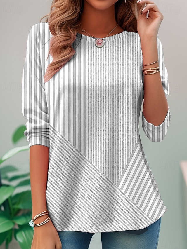 Women's T shirt Long Sleeve Crew Neck Long Sleeve Tunic Graphic Geometric Striped Elegant Vintage Regular Tops Daily Going out Weekend Print Pink Blue Purple Orange Green Prefall - Gray