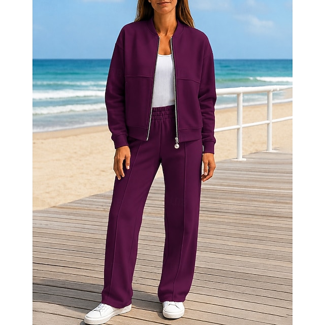 Women's 2 Piece Outfits Lounge Sweatsuit Pocket Solid Colored Clothing Suit Fall Black White Spandex Outdoor Travel Sports Moisture Wicking Long Sleeve Sport Activewear Micro-elastic Regular Fit - Red