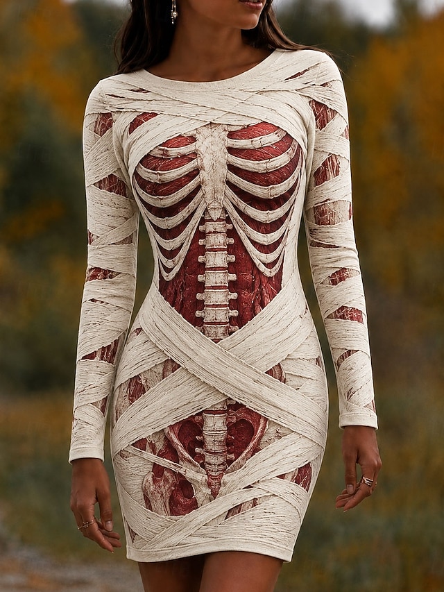 Halloween Women's Mini Dress T Shirt Dress Tee Dress Bodycon Dress Vacation Casual Party Slim Long Sleeve Crew Neck Round Neck White Black Wine Red Spring Fall Winter - Black