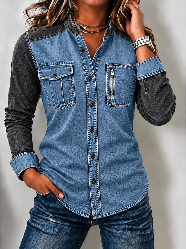 Women's Denim Blouse Denim Shirt Henley Shirt Patchwork Zipper Plain Vintage Fashion Stylish Long Sleeve Stand Collar Regular Tops Casual Blue Khaki Red Spring Fall Winter - Blue