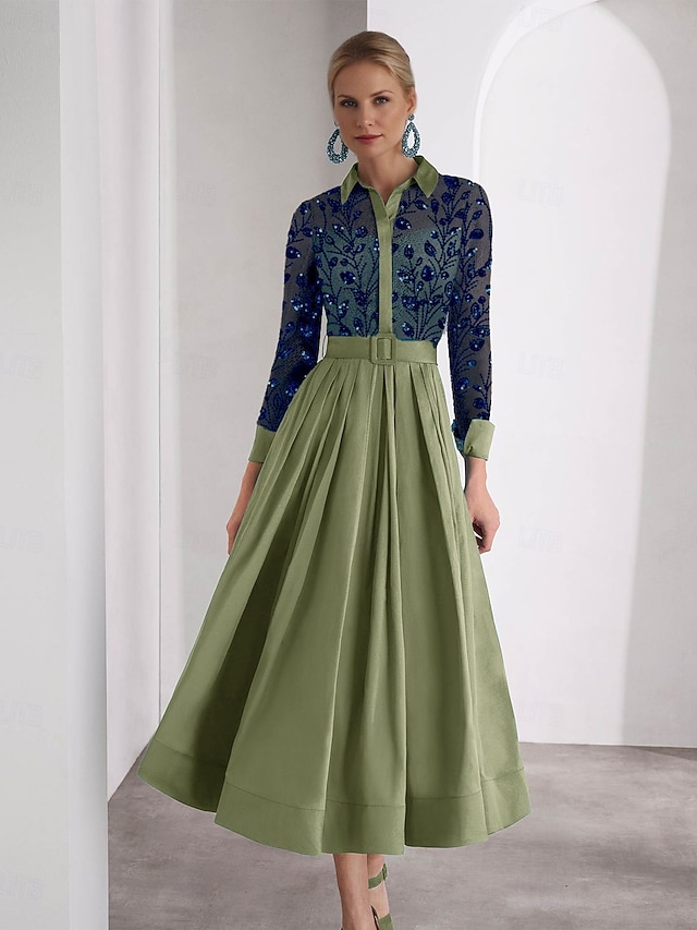 A-Line Ankle Length Beaded Eembroidered Shirt Dress Party Dress Mother of the Bride Dress Long Sleeve Shirt Collar High Neck Elegant Sparkle High Split Formal Wedding Guest Satin with Glitter Slit - Clover