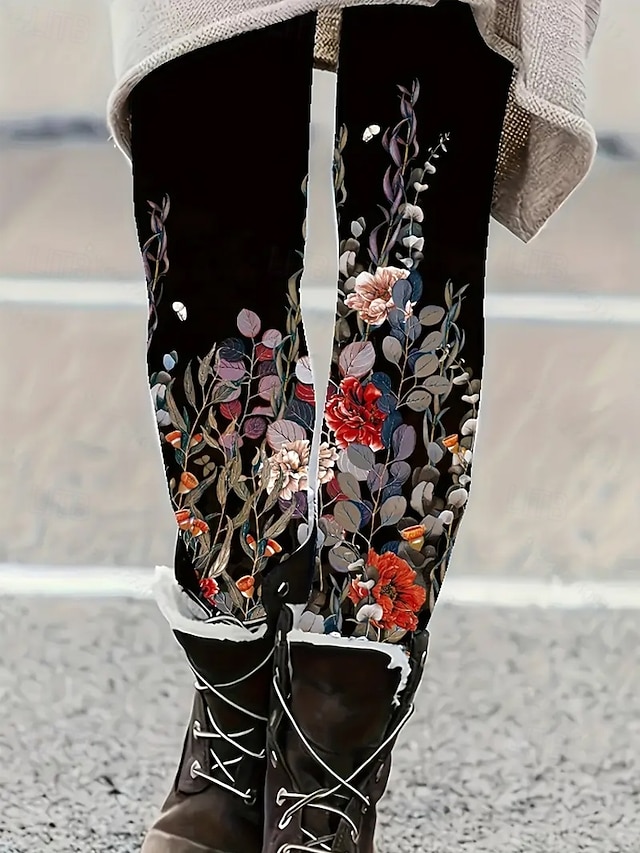 Women's Leggings Vacation Vintage Ethnic Style Ankle-Length High Waist Floral Graphic 3D Print Quick Dry Breathability Soft Stretchy Daily Home Outdoor White Red Green Khaki Spring Fall Slim Fit - Red