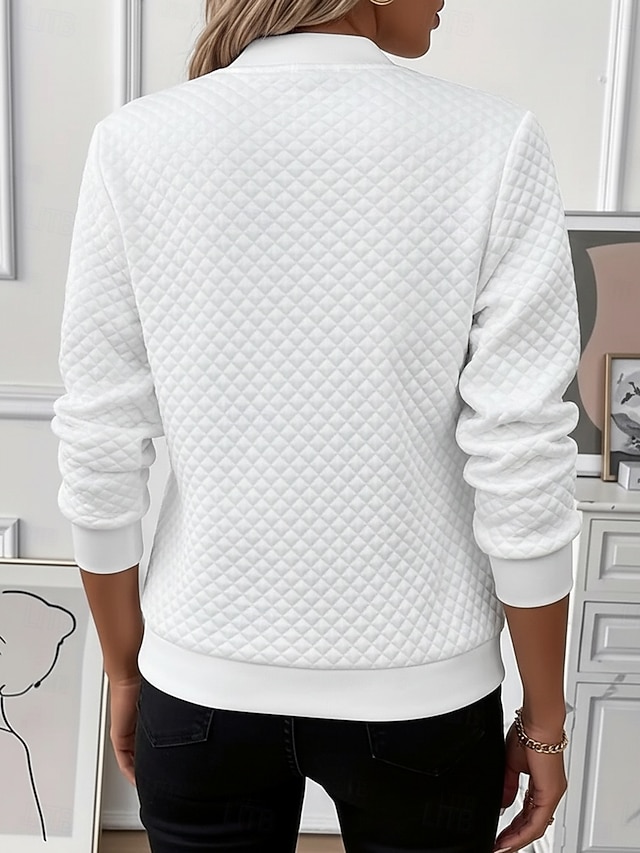 Women's Textured Zip Up Patchwork Casual Long Sleeve Round Neck Regular Tops Blue White Black Navy Blue Violet Fall Winter - White