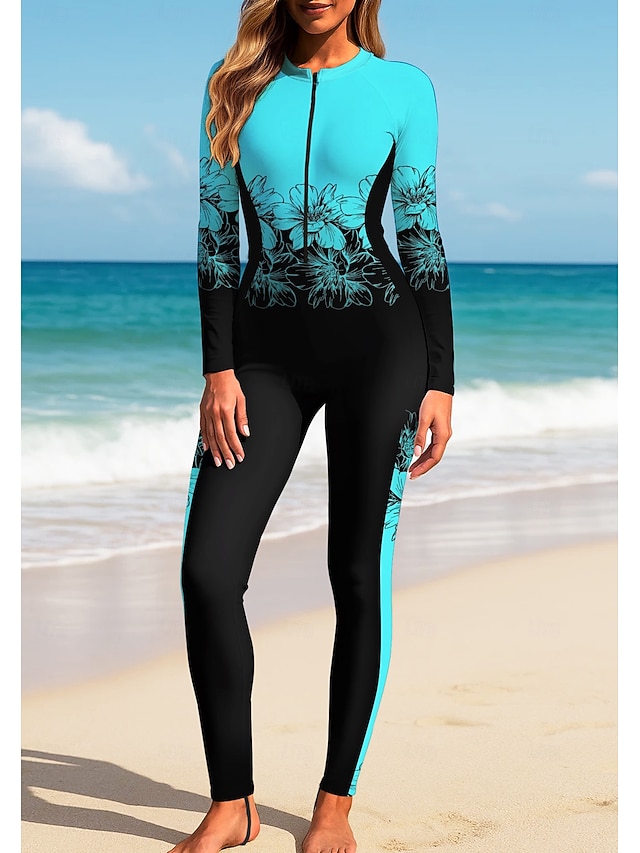Women's Regular Rash Guard Full Body Rash Guard One Piece Surfing Suit Floral Tropical Color-blocking Zip Up with Built in Bra Front Zip UV Sun Protection Full Coverage UPF50+ Long Sleeve Full Body - Lake blue