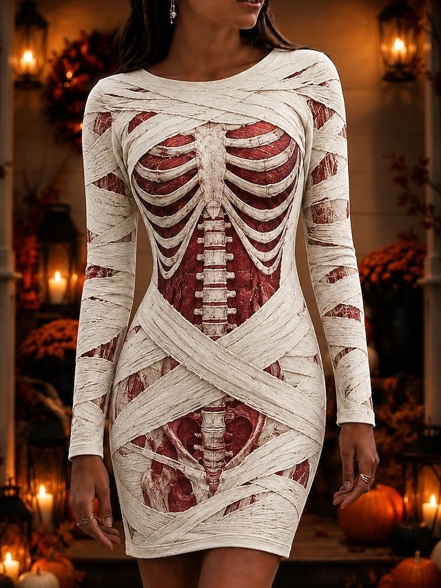 Halloween Women's Mini Dress T Shirt Dress Tee Dress Bodycon Dress Vacation Casual Party Slim Long Sleeve Crew Neck Round Neck White Black Wine Red Spring Fall Winter - Red