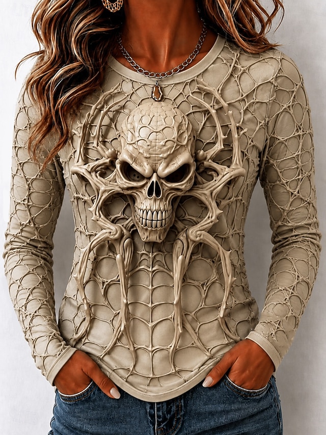 Halloween Women's 3D Skull Spider Web Print T Shirt Gothic Horror Graphic Long Sleeve Crew Neck Casual Top Khaki Fall Winter - Khaki