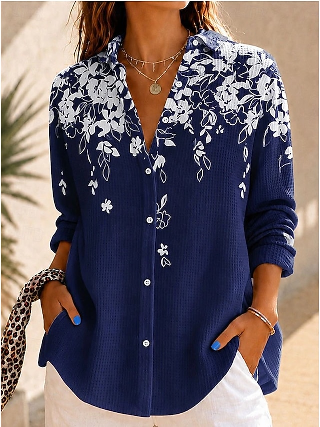 Women's Waffle Shirt Casual Shirt Summer Tops Graphic Geometric Vintage Stylish Long Sleeve Turndown Long Tops Daily Outdoor Streetwear White+Black Rainbow Spring Fall Winter - Blue