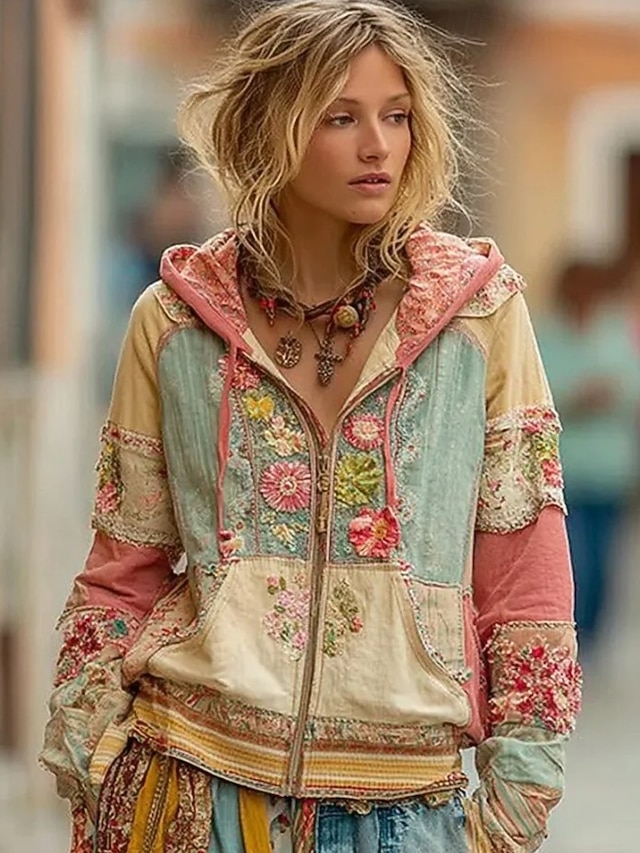 Women's 3D Print Vintage Boho Hoodie Patchwork Hoodie Sweatshirt Floral Zip Up s Vintage Fashion Casual Long Sleeve Hooded Street Dailywear Casual Patchwork Zipper Pocket Red Blue Spring Fall - Yellow