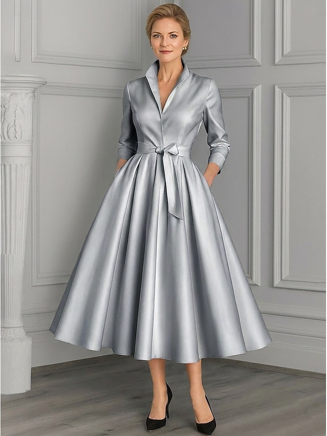 A-Line Ankle Length Party Dress Cocktail Dress Wedding Guest Dress Mother of the Bride Dress Long Sleeve V Neck Elegant Vintage Party Formal Evening Wedding Party Birthday with Pleats - Silver