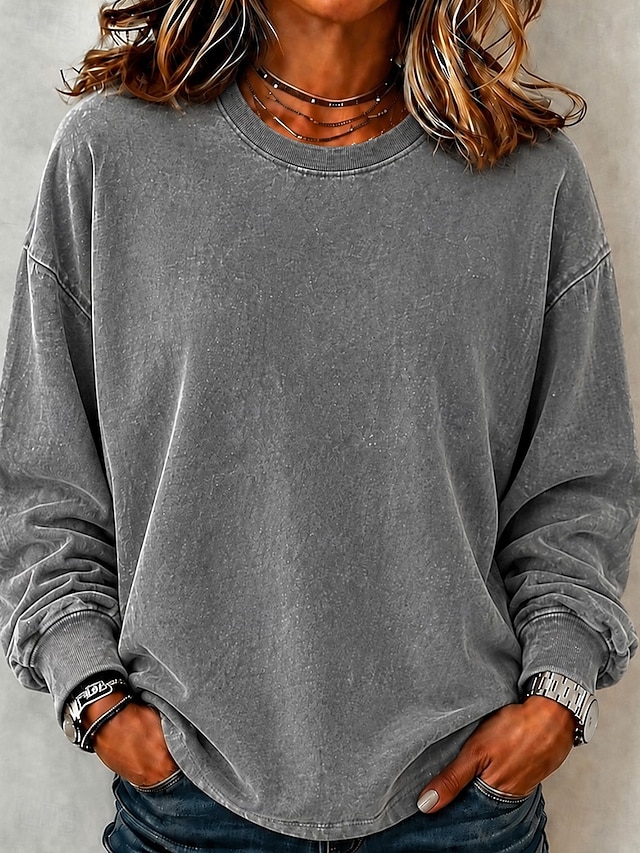 Women's Washed Cotton 100% Cotton Pullover Sweatshirts Punk Active Vintage Long Sleeve Crew Neck Regular Tops Casual Home Street Black Light Brown Green Rose Red Grey Fall Winter - Grey