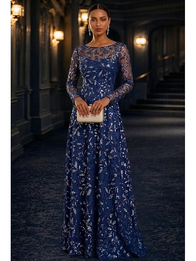 A-Line Dress Floor Length Party Dress Cocktail Dress Mother of the Bride Dress Long Sleeve Crew Neck Elegant Vintage Luxurious Formal Wedding Guest Kentucky Derby Chiffon Tulle with Pleats Sequin - Dark Navy