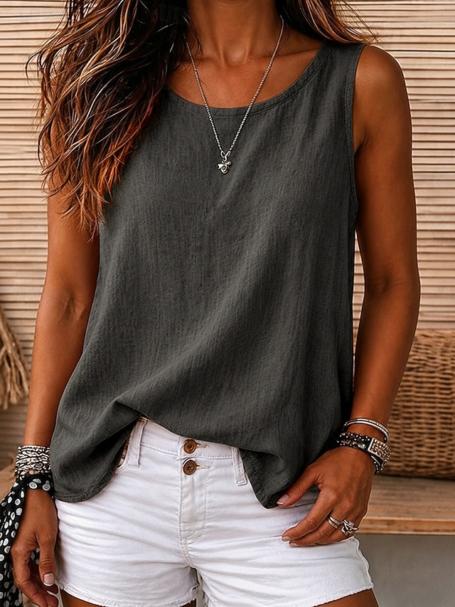 Women's Vintage Cozy 100%Cotton Washed Round Neck Sleeveless Tank Top Casual Black White Sky Blue Orange Violet Summer Spring - Dark Gray