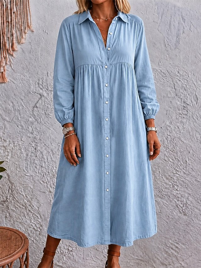 Women's Maxi Dress Shirt Dress Elegant Vacation Designer Solid Color Long Sleeve Shirt Collar Pink Red Green Light Blue Summer Spring Fall - Light Blue