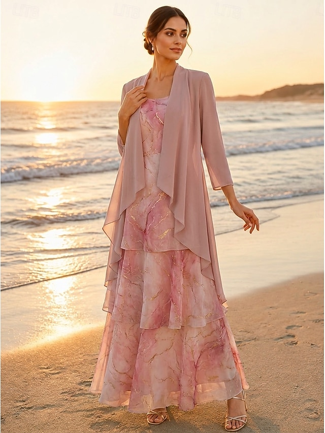 Two Piece A-Line Floor Length Wedding Guest Dress Mother of the Bride Dress 3/4 Length Sleeve Scoop Neck Elegant Simple Minimalist Formal Semi Formal Foiled Chiffon with Floral Print Ruffles - Dusty Rose