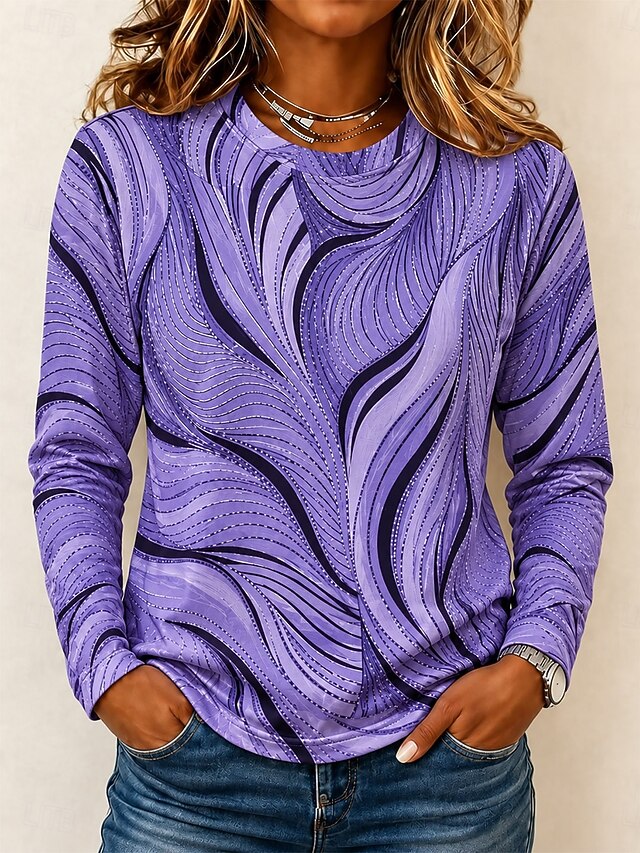 Women's T Shirt Print Ombre Graphic Texture Vintage Stylish Classic Long Sleeve Crew Neck Round Neck Regular Tops Casual Daily Blue Purple Green Beige Summer Spring Fall - Blue