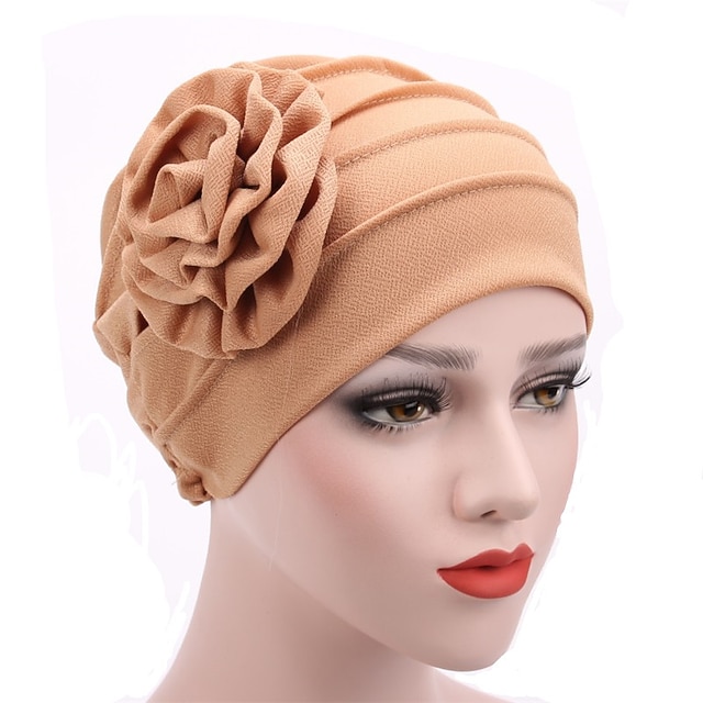 Women's Hats Spring Summer Plain Color Floral Beanie Hat Muslim Stretch Turban Hat Cap Hair Loss Headwear Hijab Cap - khaki