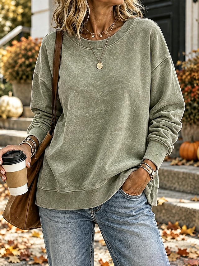 Women's Washed Cotton Pullover Sweatshirt Pullover Plain Active Vintage Casual Long Sleeve Crew Neck Regular Tops Casual Home Street Black Pink Purple khaki Army Green Spring Fall Winter - Army Green