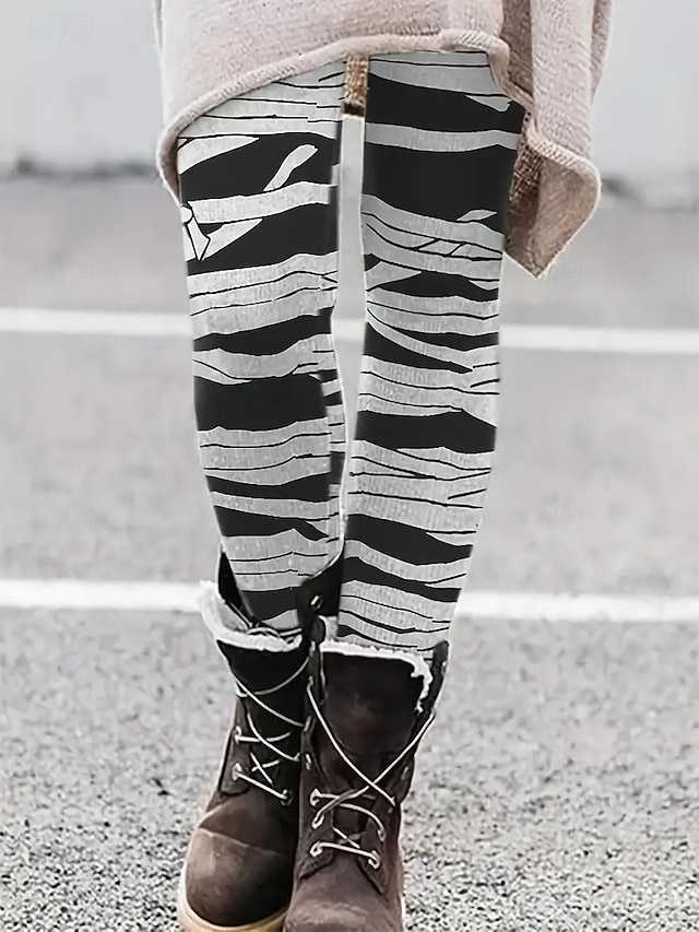 Women's Pants Trousers Leggings Cozy Leggings Streetwear Casual Full Length High Waist Striped Elastic Waist Print Breathability Comfortable Stretchy Vacation Street Daily Wear Black Grey Black 2 - Black Grey