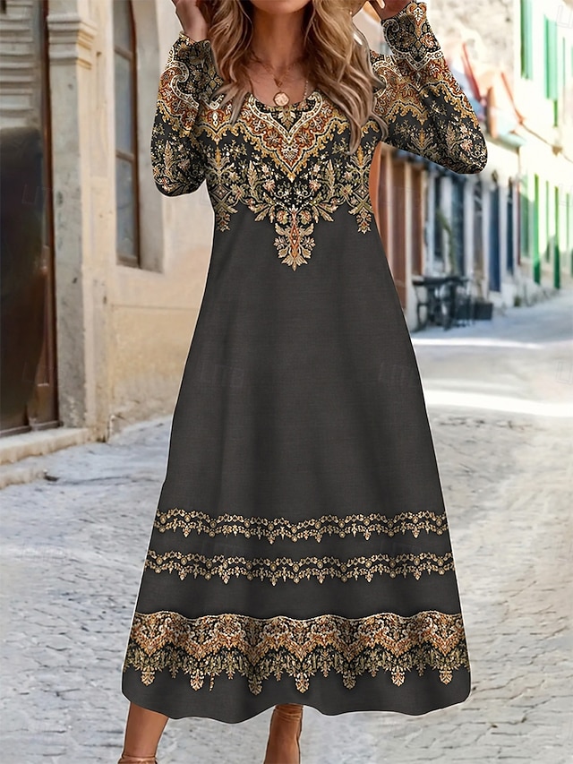 Women's Maxi Dress Boho Sheath Dress T Shirt Dress Tee Dress Vacation Casual Holiday Date Regular Fit Graphic Geometric Tribal Long Sleeve Crew Neck Blue Dark Brown Black Red Spring Fall - Black