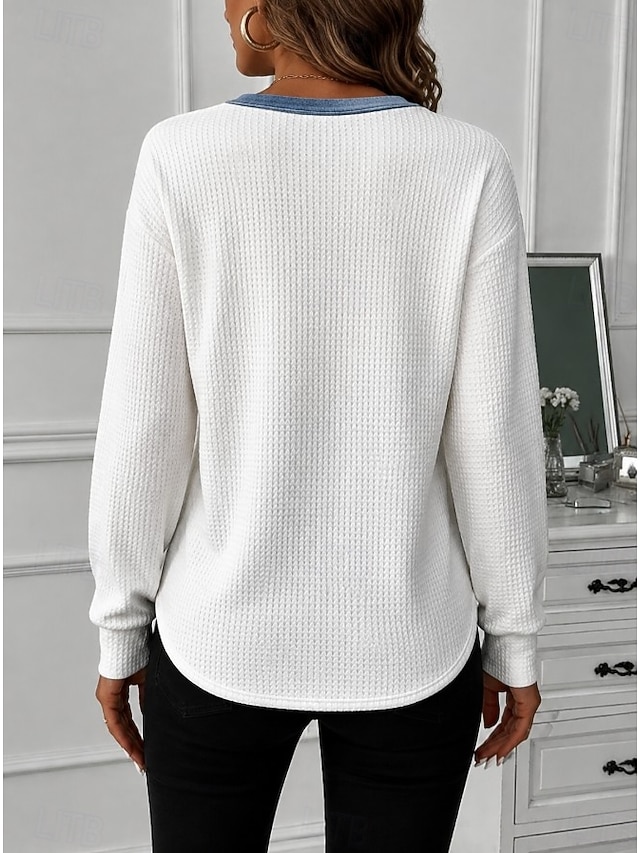 Women's Waffle Polo Shirts Bohemia Active Vacation Long Sleeve Crew Neck Long Tops Casual Daily Holiday White Pink Spring Fall Winter - White