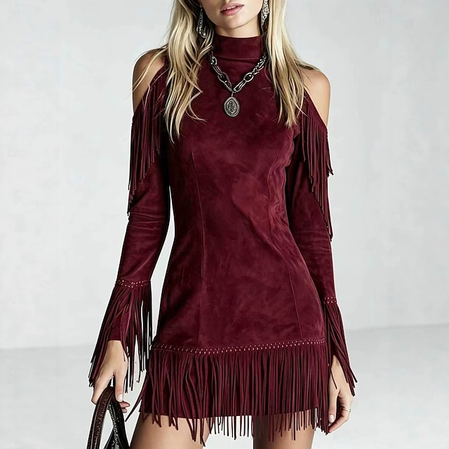 Women's Mini Dress Tassel Dress Western Weekend Plain Long Sleeve High Neck Caramel color Dark Green Autumn - Dark Green