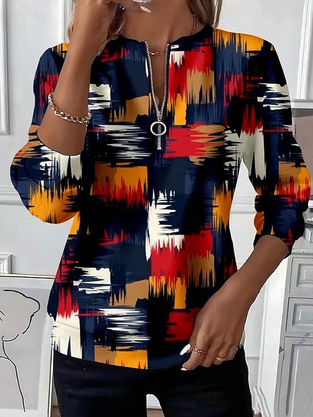 Women's Pullover Sweatshirt Zip Up Sweatshirts Patchwork Zipper Print Graphic Geometric Color Block Fashion Casual Long Sleeve Crew Neck Regular Tops Street Dailywear Black Purple Orange Gray Fall - Orange
