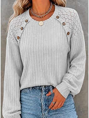 Women's T Shirt Texture Lace Patchwork Plain Stylish Casual Long Sleeve V Neck Regular Tops Casual Daily Blue White Black Pink Green Summer Spring Fall - Gray
