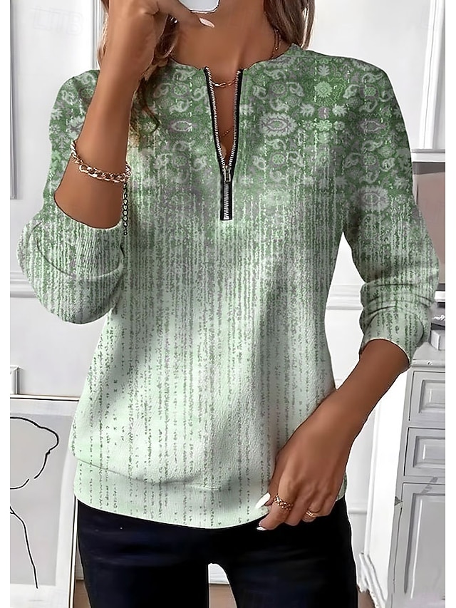 Women's Pullover Sweatshirt Zip Up Sweatshirts Zipper Print Graphic Paisley Fashion Casual Long Sleeve Crew Neck Round Neck Regular Tops Street Dailywear Blue Green Beige Fall Winter - Green