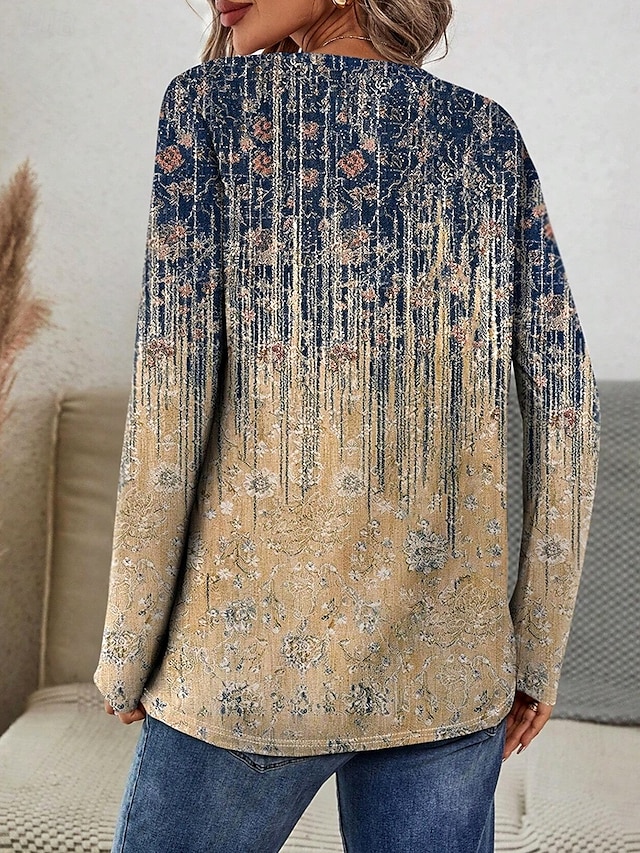 Women's T shirt Long Sleeve Crew Neck Long Sleeve Tunic Ombre Graphic Casual Regular Tops Daily Print Khaki Spring Fall Prefall - Khaki