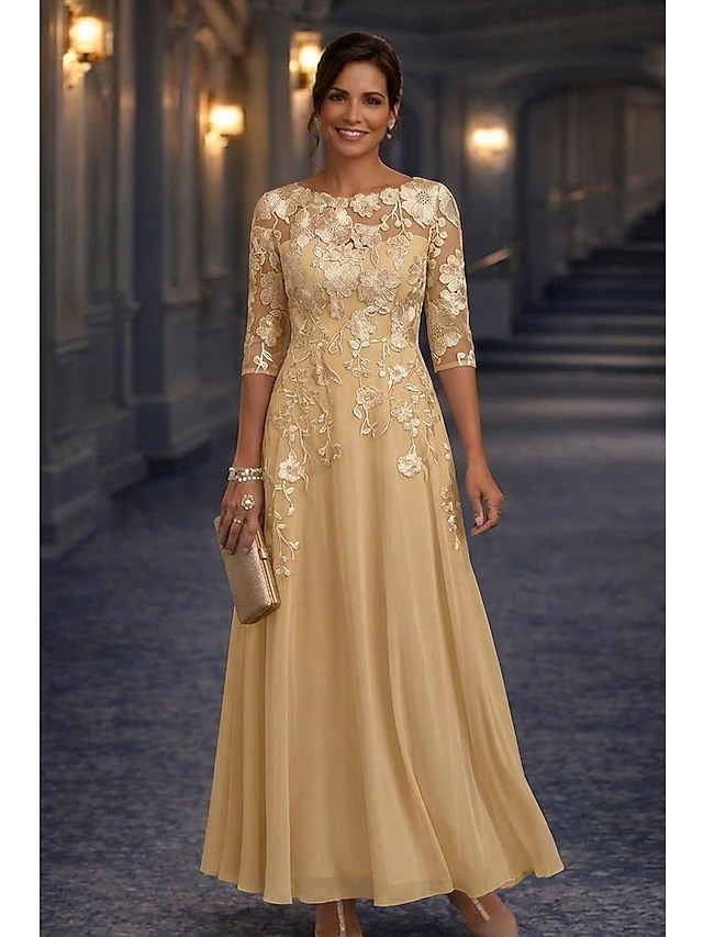 A-Line Floor Length Lace Dress Mother of the Bride Dress Long Sleeve Crew Neck Illusion Neck Elegant Vintage Formal Wedding Guest Wedding Party Chiffon Lace with Floral Print 3D Flowers Embroidery - Gold