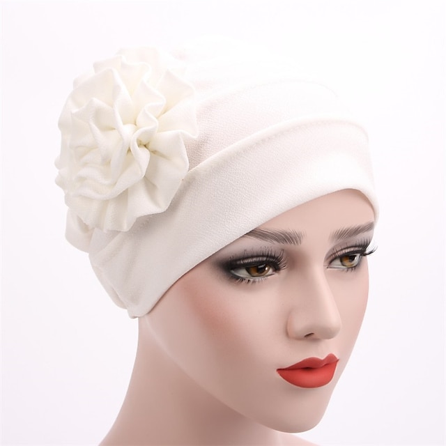 Women's Hats Spring Summer Plain Color Floral Beanie Hat Muslim Stretch Turban Hat Cap Hair Loss Headwear Hijab Cap - White